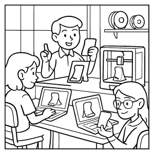 3D printer lab with students designing custom phone stands, coloring page outlines