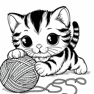 Adorable kitten playing with a ball of yarn coloring page