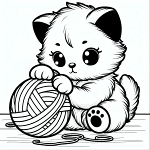 Adorable kitten playing with a ball of yarn coloring page