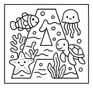 Alphabet letter A underwater creatures coloring page for kids to print and color