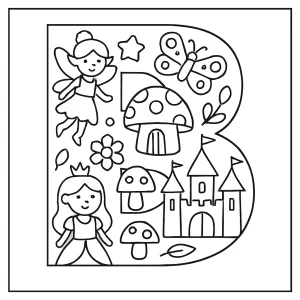 Letter B filled with fairyland icons coloring page for kids - free printable