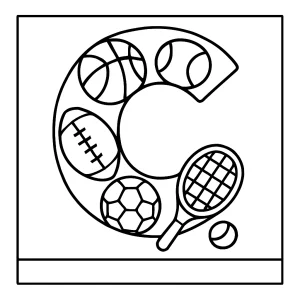Letter C filled with sports gear coloring page for free printable fun