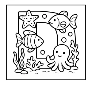 Letter D Underwater Creatures coloring page for kids featuring dolphins, fish, and sea turtles to print and color for free