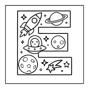 Letter E filled with space objects coloring page for free printable fun