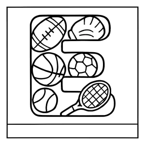 Letter E filled with sports gear coloring page, free printable activity for kids