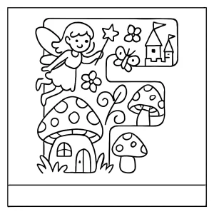 Letter F Fairyland coloring page featuring the letter F decorated with fairyland icons for kids to color