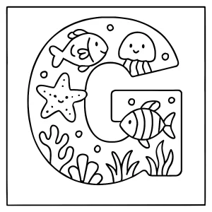Letter G underwater creatures coloring page for kids to print and color