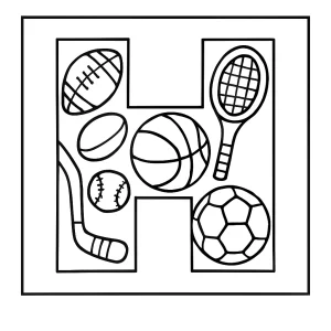 Letter H filled with sports gear coloring page for free printable fun