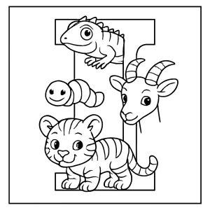 Letter I animal mascots coloring page for kids to print and color