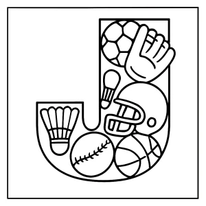 Letter J filled with sports equipment coloring page for free printable fun