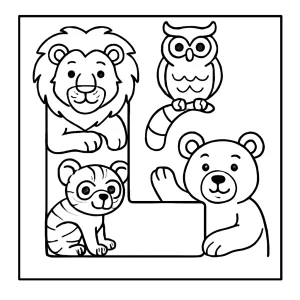 Letter L with animal mascots coloring page for free printable creative fun