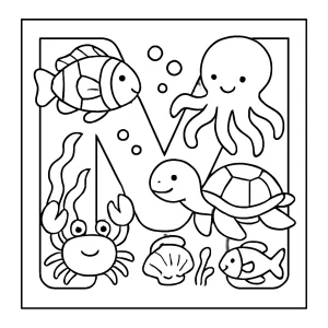 Letter M with underwater creatures coloring page for free printable fun