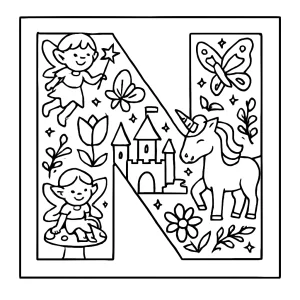 Letter N fairyland coloring page with magical icons for kids to print and color