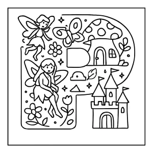 Letter P fairyland coloring page for free, with magical icons like castles, fairies, and stars for kids to color