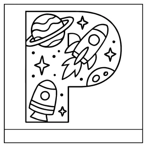 Letter P space objects coloring page featuring planets, rockets, and stars for kids to color
