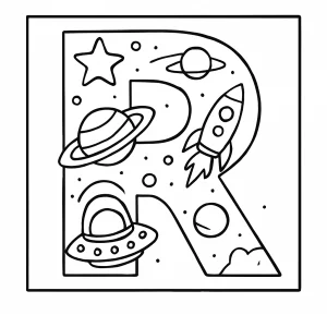 Letter R space objects coloring page for kids to print and color, featuring rockets, planets, and stars.