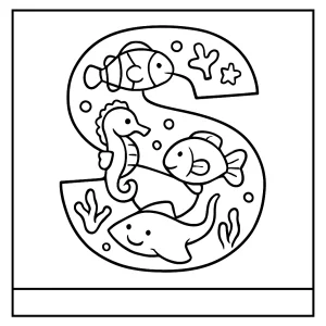 Letter S filled with underwater creatures coloring page for kids to print and color