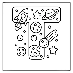 Letter T with space objects coloring page for kids, featuring rockets, stars, and planets to color and enjoy.