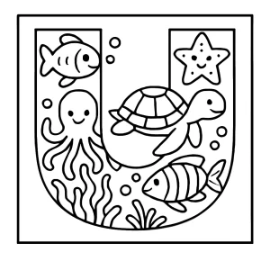 Letter U with underwater creatures coloring page for free printable fun