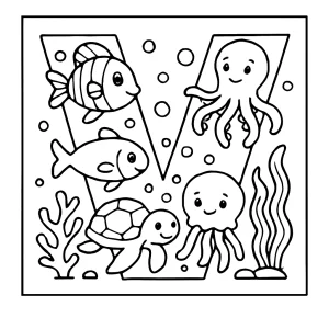 Letter V underwater creatures coloring page for free, featuring fish, seahorses, and ocean animals within the letter V outline.