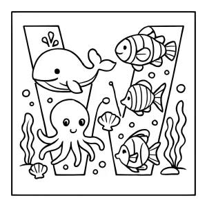 Letter W filled with underwater creatures coloring page for kids, printable and free