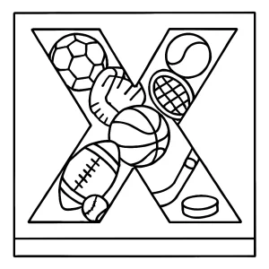 Letter X filled with sports gear coloring page, free printable for kids