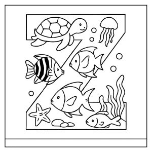 Letter Z with underwater creatures coloring page for kids to print and color