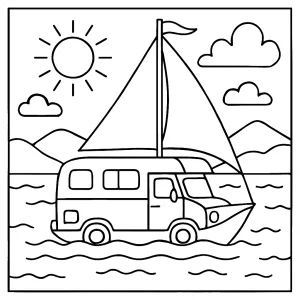 Amphibious camper van transforming into sailboat on lake coloring page for free printable fun