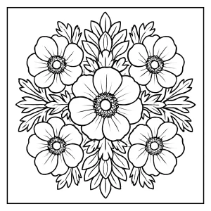 Anemone mandala arrangement coloring page with detailed floral patterns for kids and adults