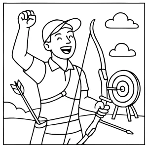 Archery athlete victory celebration coloring page showing a champion with a bow and medal