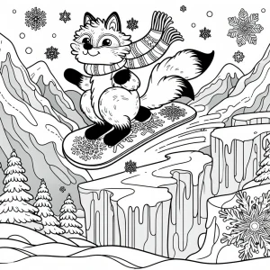 Arctic fox riding a snowflake snowboard over icebergs coloring page
