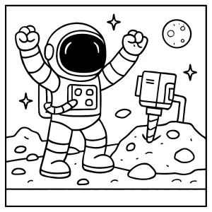 Astronaut celebrating asteroid mining drill coloring page for free printable fun