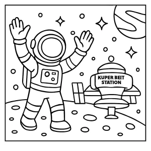 Malvorlage mit Astronaut, der an einer Kuipergürtel-Station feiert – coloring page zum Ausdrucken