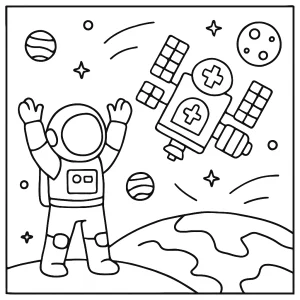 Astronaut celebrating at orbital hospital coloring page for kids to print and color