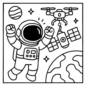 Astronaut feiert mit Reparaturdrohne – Weltraum Malvorlage coloring page zum Ausmalen