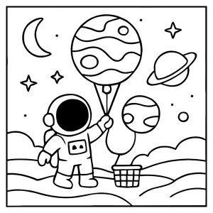 Astronaut discovering exoplanet balloon ride coloring page for kids printable
