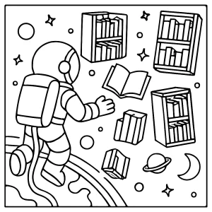 Astronaut discovering floating book library in orbit coloring page for free printable activities