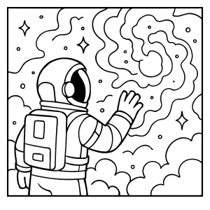 Astronaut discovering nebula nursery coloring page with stars and cosmic clouds for kids to color