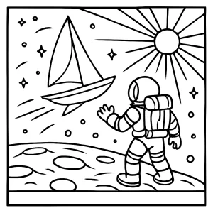 Astronaut discovering pulsar sailboat coloring page for kids to print and color for free.