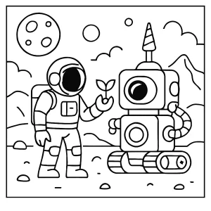 Astronaut discovering terraforming robot coloring page for kids to print and color