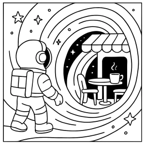 Astronaut discovering wormhole café coloring page for kids - printable free activity