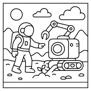 Astronaut exploring terraforming robot coloring page for free printable fun