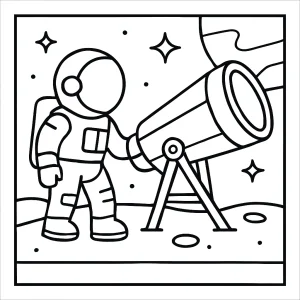 Astronaut exploring x-ray telescope coloring page for kids to print and color