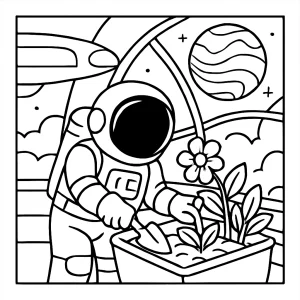 Astronaut gardening at Venus airship coloring page with plants and space background