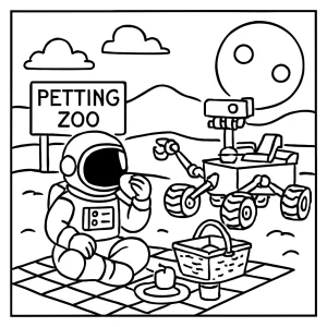Astronaut having picnic at Mars rover petting zoo coloring page for free printable fun