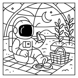 Astronaut having a picnic in a lunar greenhouse coloring page for kids
