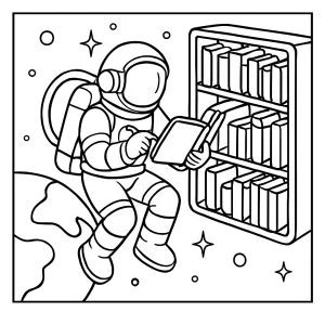 Astronaut performing research in a floating space book library coloring page for kids to print and color