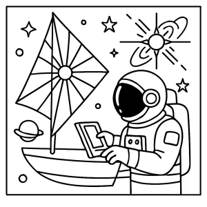 Astronaut researching on a pulsar sailboat coloring page for kids