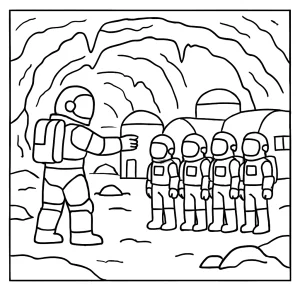 Astronaut training recruits in an underground lava tube colony coloring page – free printable activity for kids