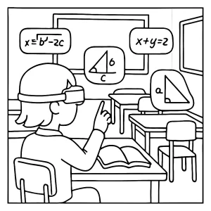 Augmented reality classroom with floating math formulas coloring page for free printable